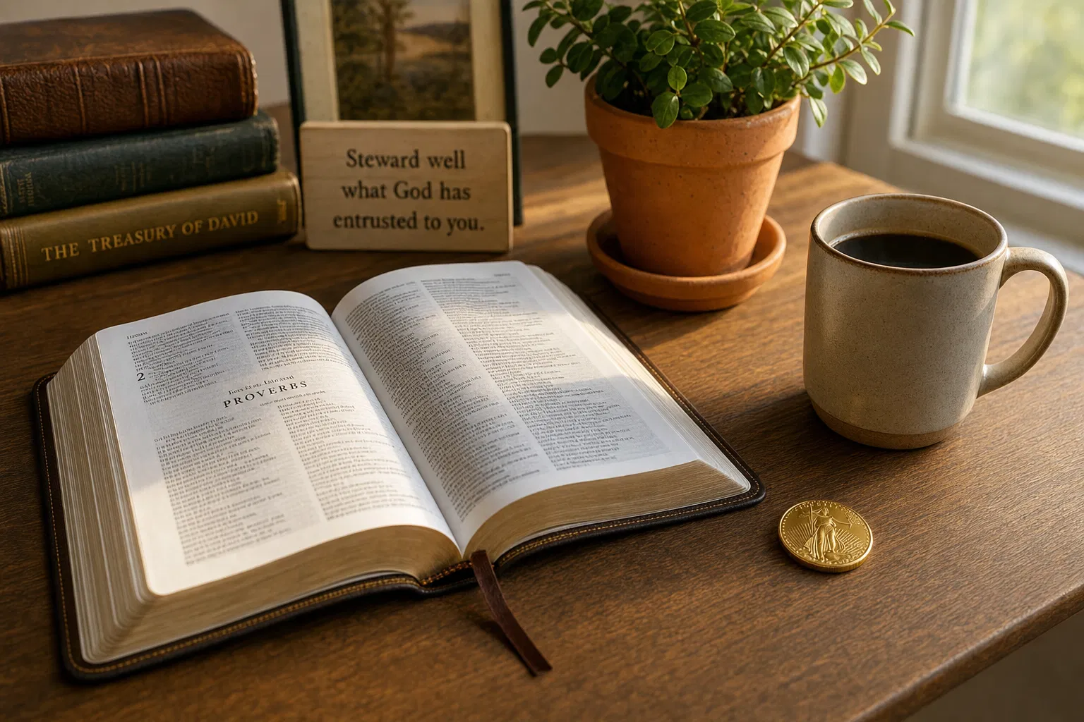 Open Bible with plant and gold coin representing biblical stewardship